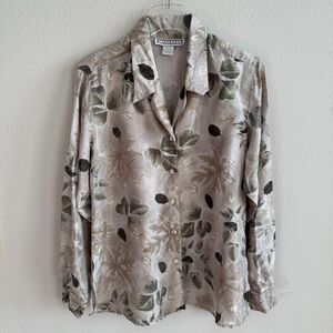 Vintage Silk Botanical Print Shirt Sz M Muted Floral Watercolor Garden